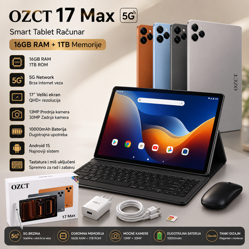 17 Max 5G Android Tablet 16GB RAM 1TB ROM – Komplet sa Tastaturom, Mišem i Stylus Olovkom