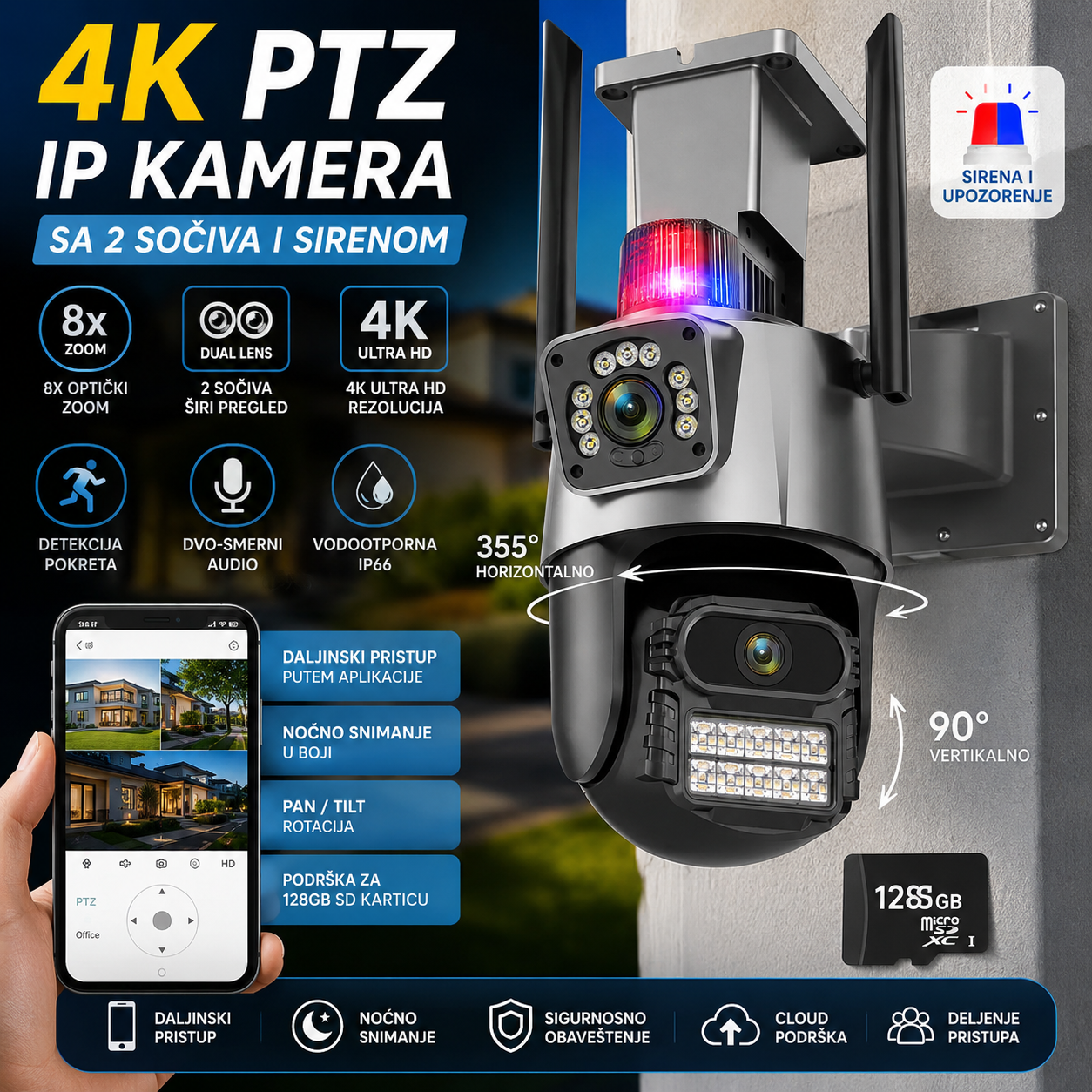 4K PTZ IP Kamera sa 2 Sočiva i Sirenom – 8X Zoom, WiFi Nadzorna Kamera sa Noćnim Snimanjem + 128GB Kartica