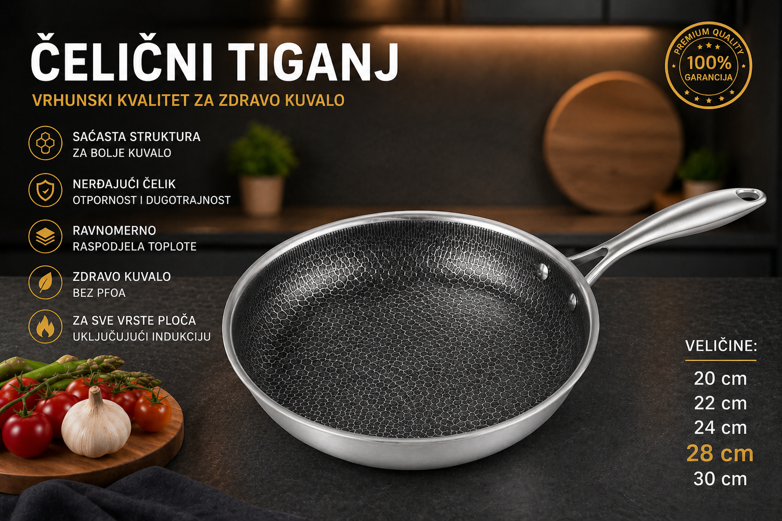 Premium Inox Tiganj – Nerđajući Tiganj za Indukciju Saćasta Struktura, Bez Lepljenja