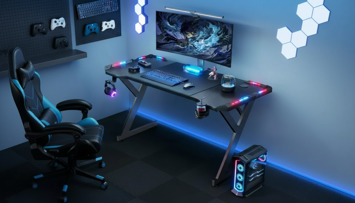 Gejmerski Sto LED RGB – Moderan Gaming Desk sa Držačem za Slušalice i Piće