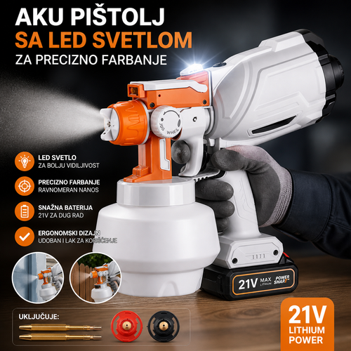 Aku pištolj sa led svetlom za precizno farbanje 21v