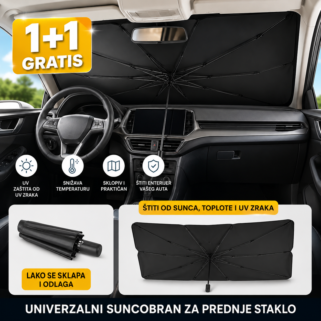 Univerzalni Suncobran za Auto Prednje Staklo 1+1 GRATIS – UV Zaštita Enterijera