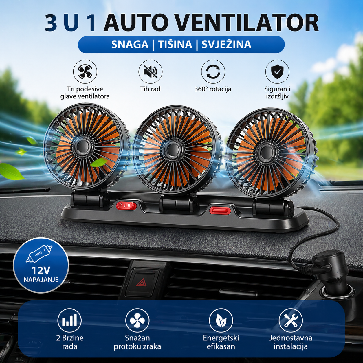 Trostruki Ventilator za Auto 12V – 3u1 Sistem za Brzo Hlađenje Vozila