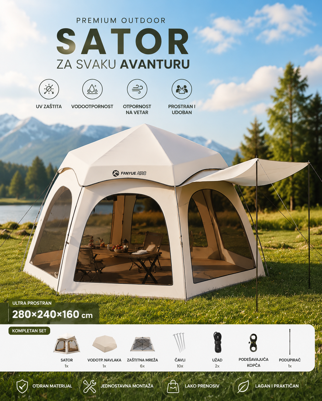 Premium Automatski Šator za Kampovanje – Veliki Porodični Šator sa UV Zaštitom i Ventilacijom