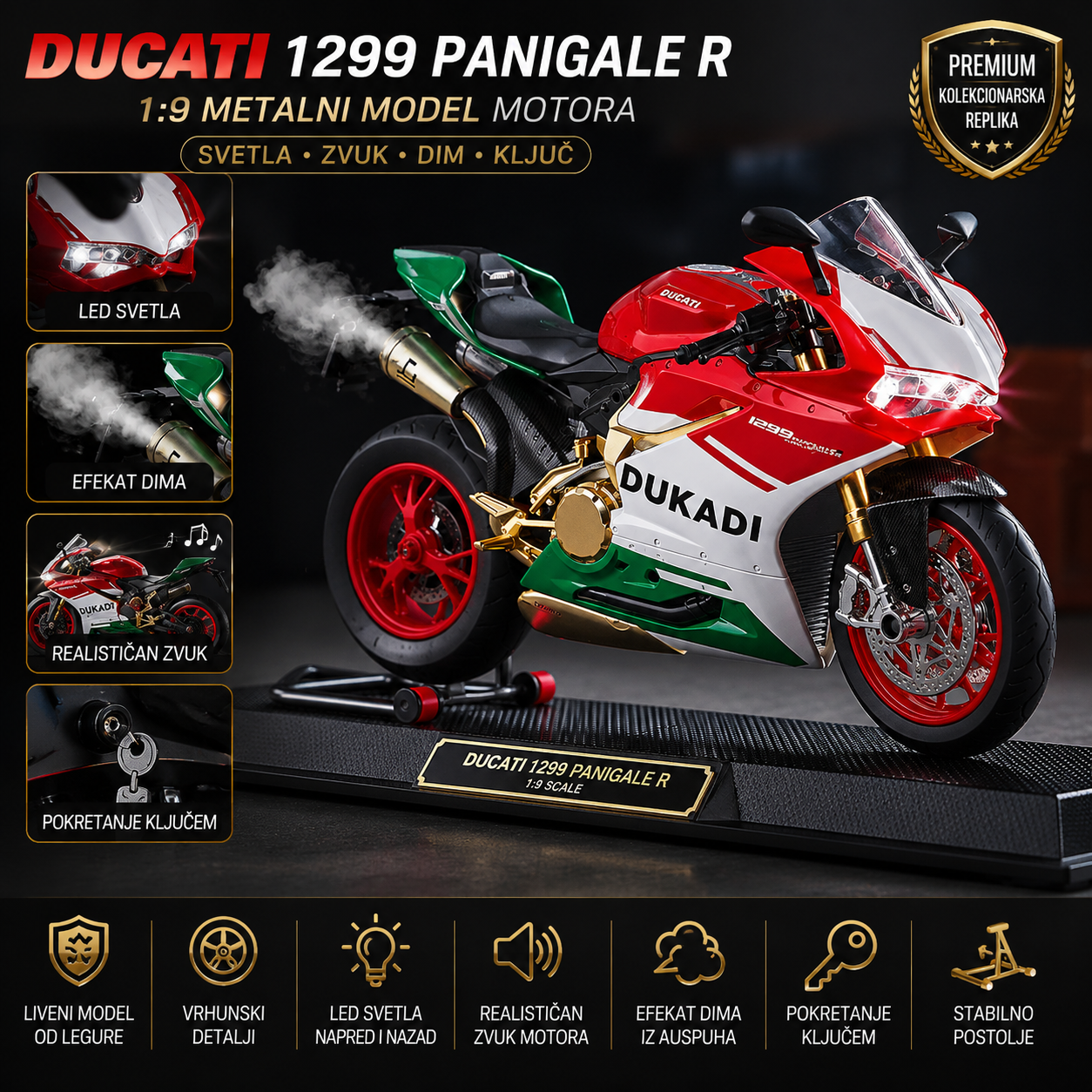Ducati 1299 Panigale R 1:9 Premium Die-Cast Motor – Realistični Zvuk, LED Svetla, Efekat Dima i Ključ