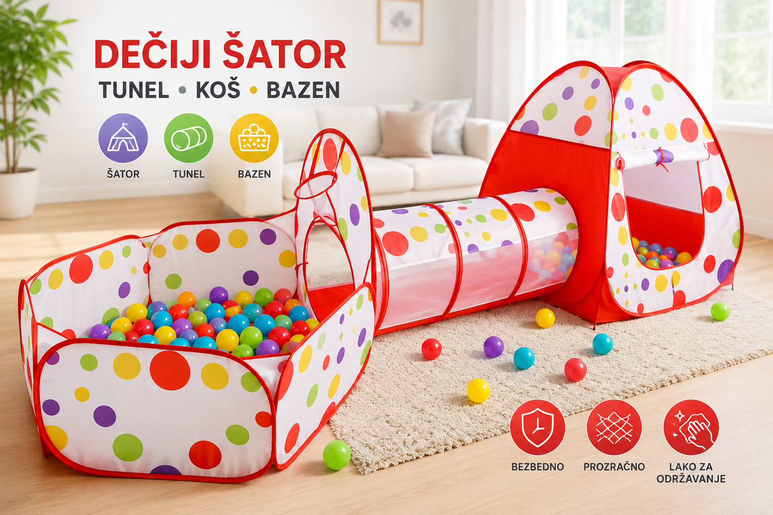 Šator Tunel za Decu 3u1 sa Košem i Bazenom – Sklopivi Šator za Unutrašnju i Spoljašnju Igru