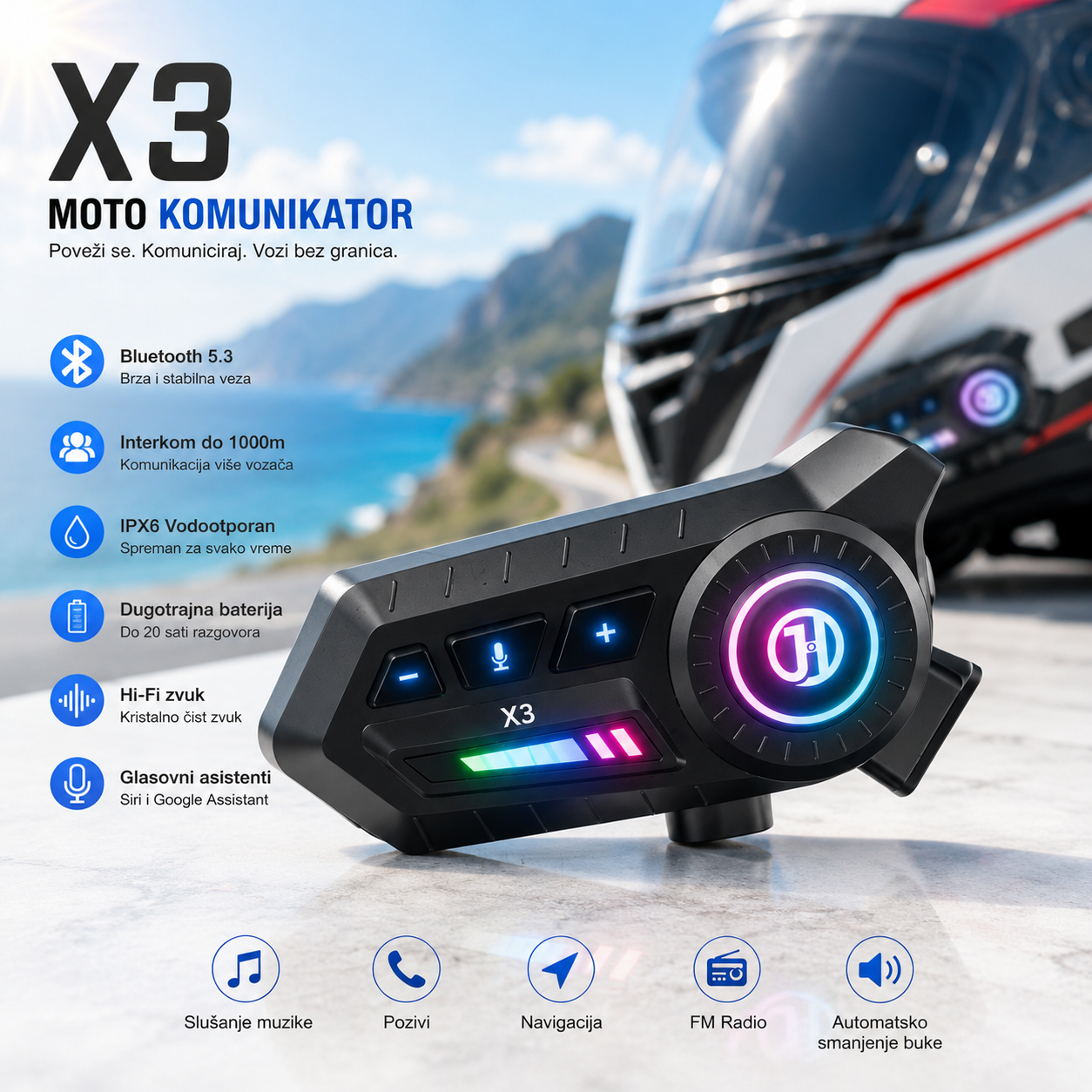 Moto Interkom X3 – Bežične Slušalice za Kacigu sa Bluetooth vezom