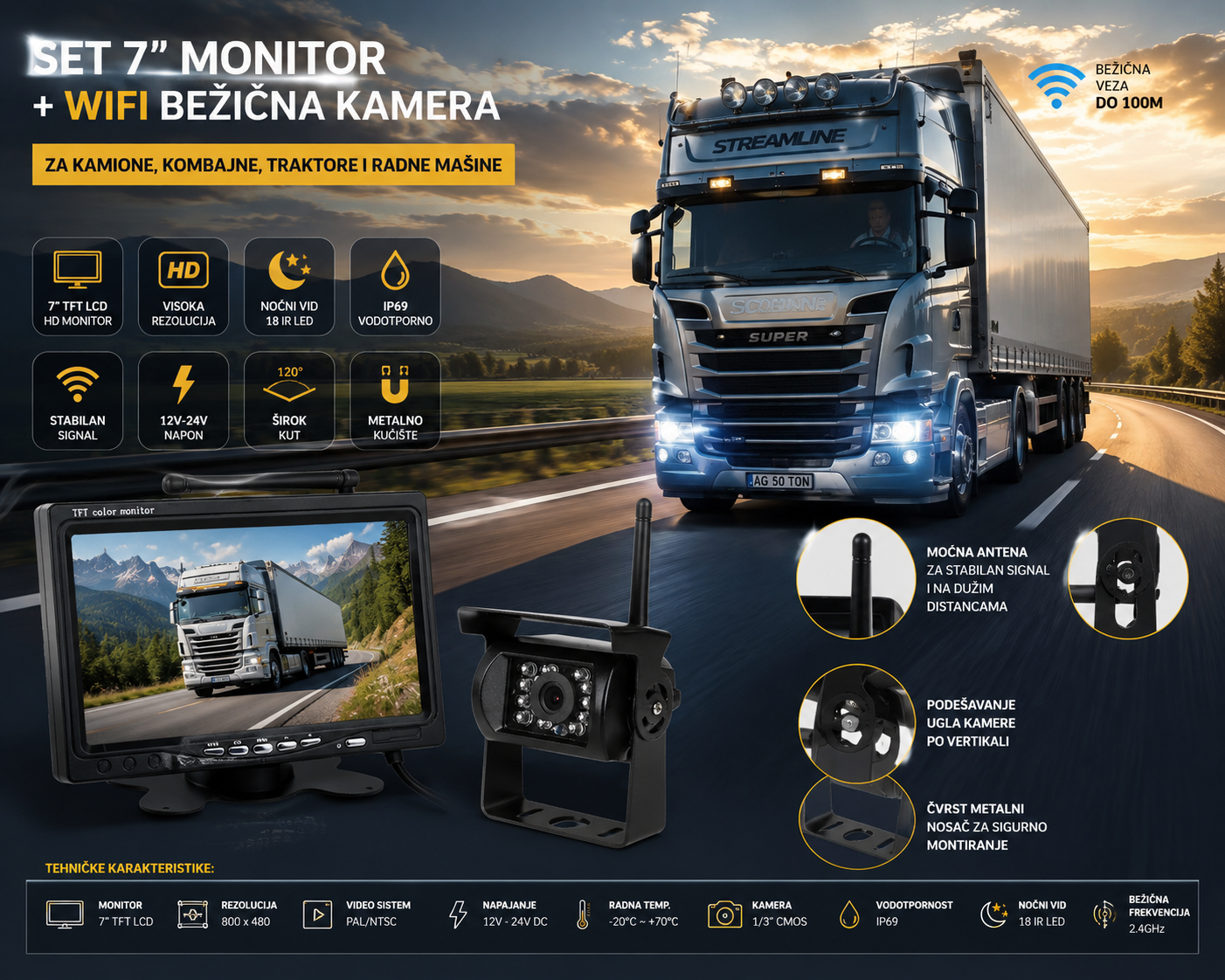 Monitor 7inci + dve wifi bezicne kamere za kamion, kombajn