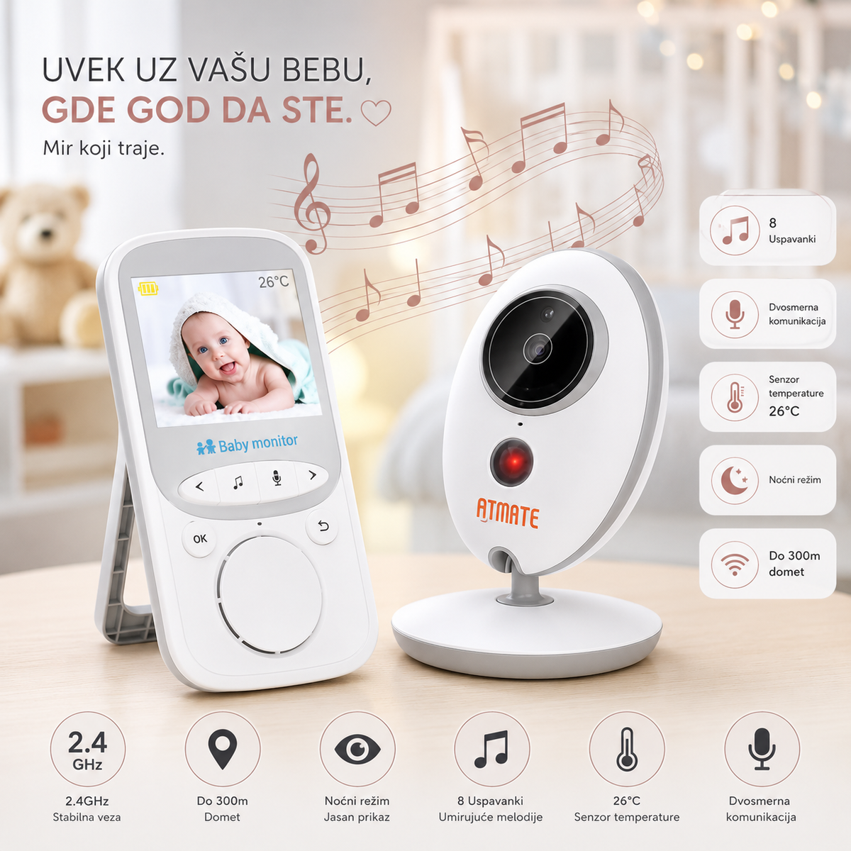 Bebi Monitor sa Kamerom i Termometrom – Bebi Alarm sa Uspavankama, Night Vision i Dvosmernim Audio