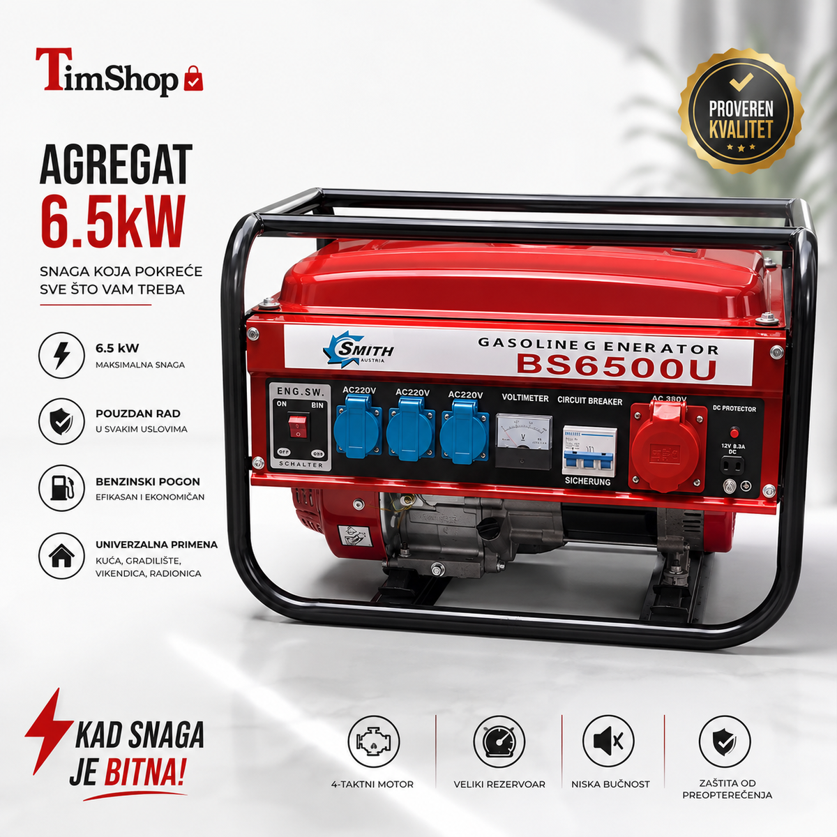 Agregat SMITH AUSTRIA 6.5 kW – Benzinski Električni Generator za Kuću, Vikendicu, Gradilište i Radionicu