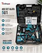 Aku Set Alata 5 u 1 – Bušilica, Brusilica, Testera i Višenamenski Aku Alat sa Koferom