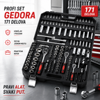 Profi Set Gedora 171 Delova – Profesionalni Set Alata sa Račnama, Gedorama i Nasadnim Ključevima