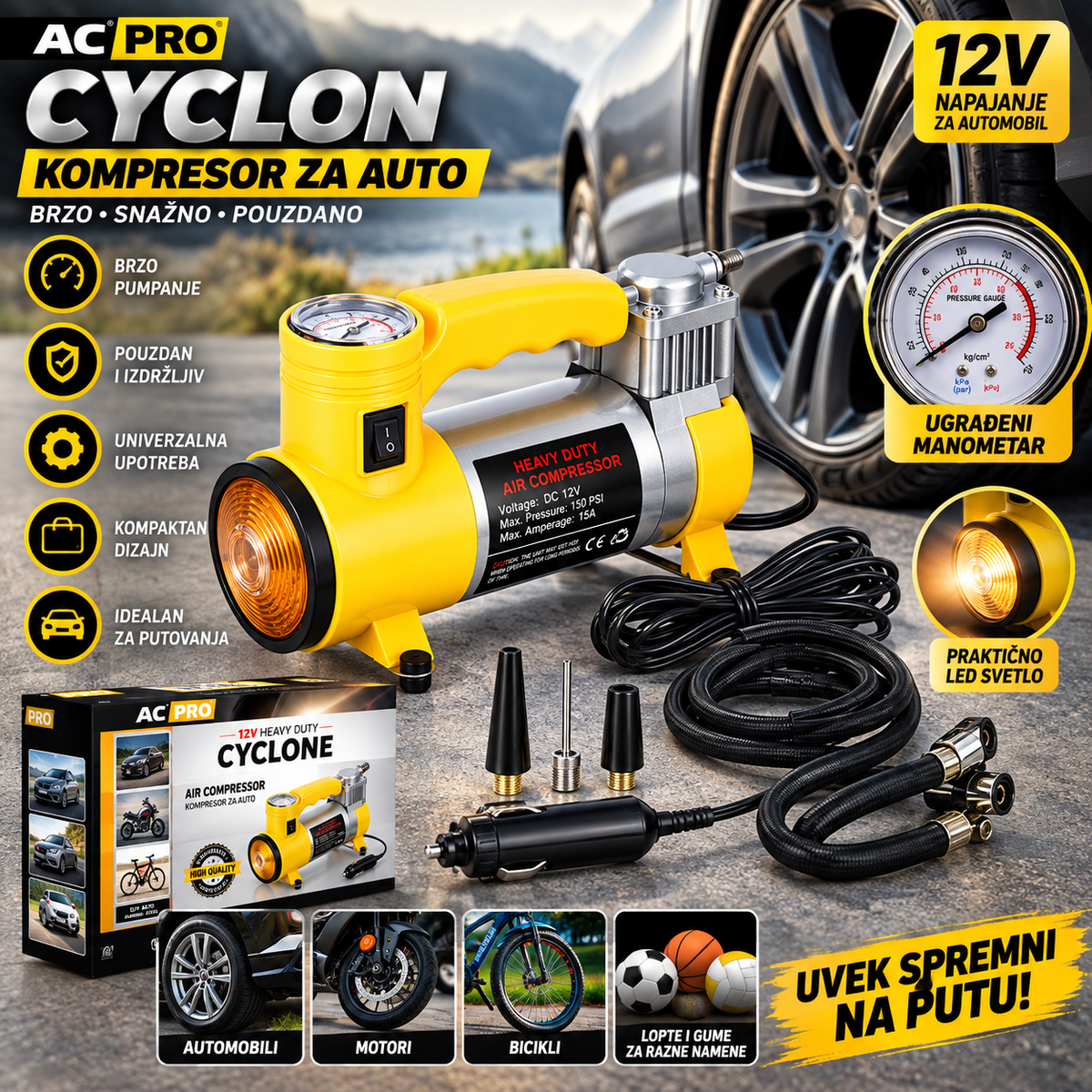 Kompresor za Auto AC-PRO CYCLON 12V – Prenosivi Auto Kompresor za Pumpanje Guma