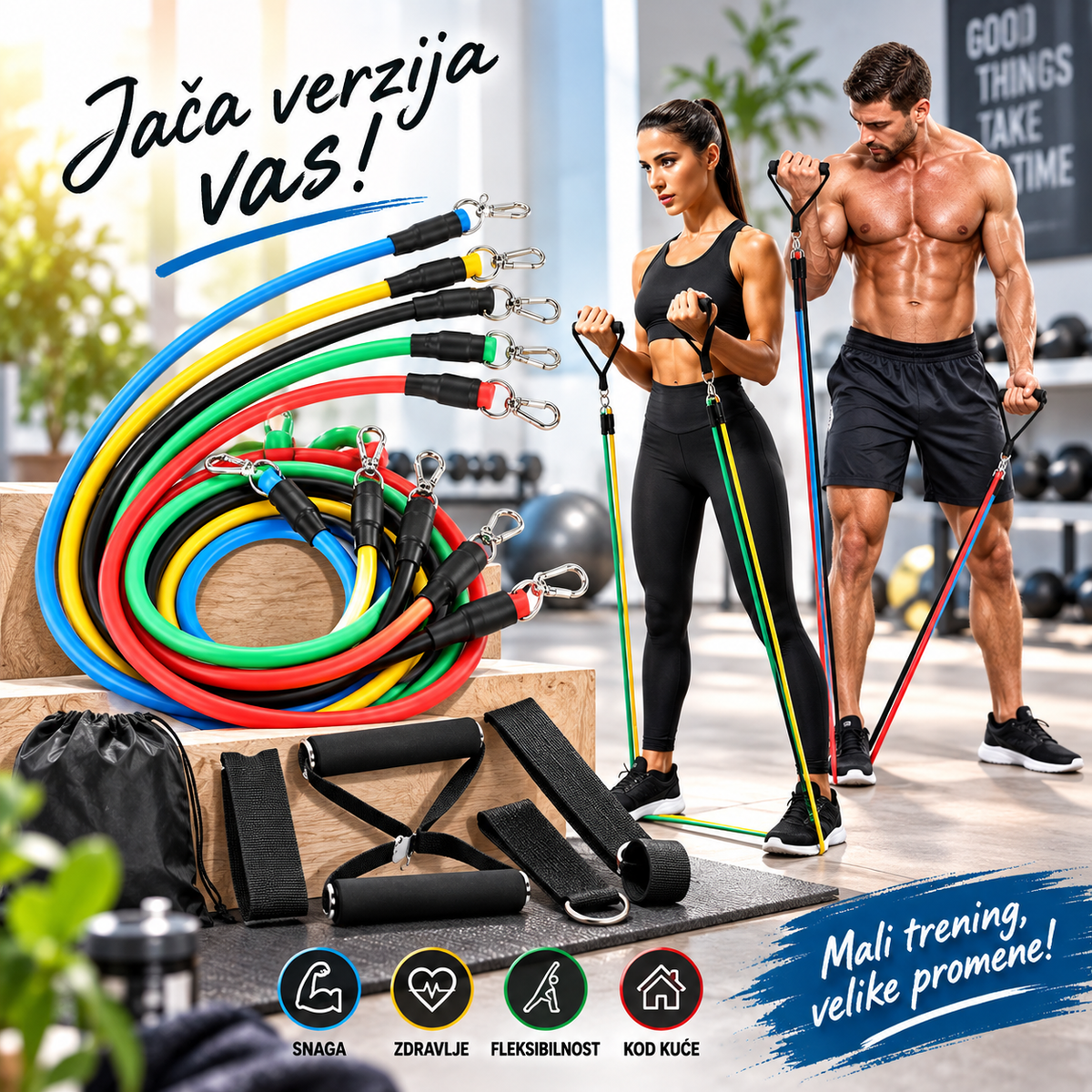 Elastične Trake za Vežbanje 11 Delova – Gume za Trening i Istezanje do 88 kg sa Ručkama
