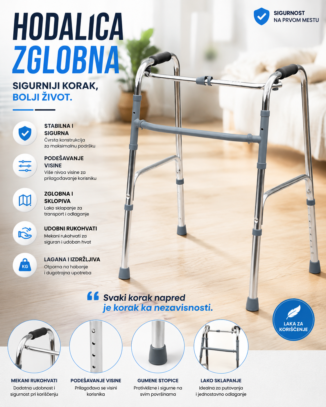 Zglobna Hodalica za Odrasle – Sklopiva Podesiva Hodalica za Stabilno i Sigurno Kretanje