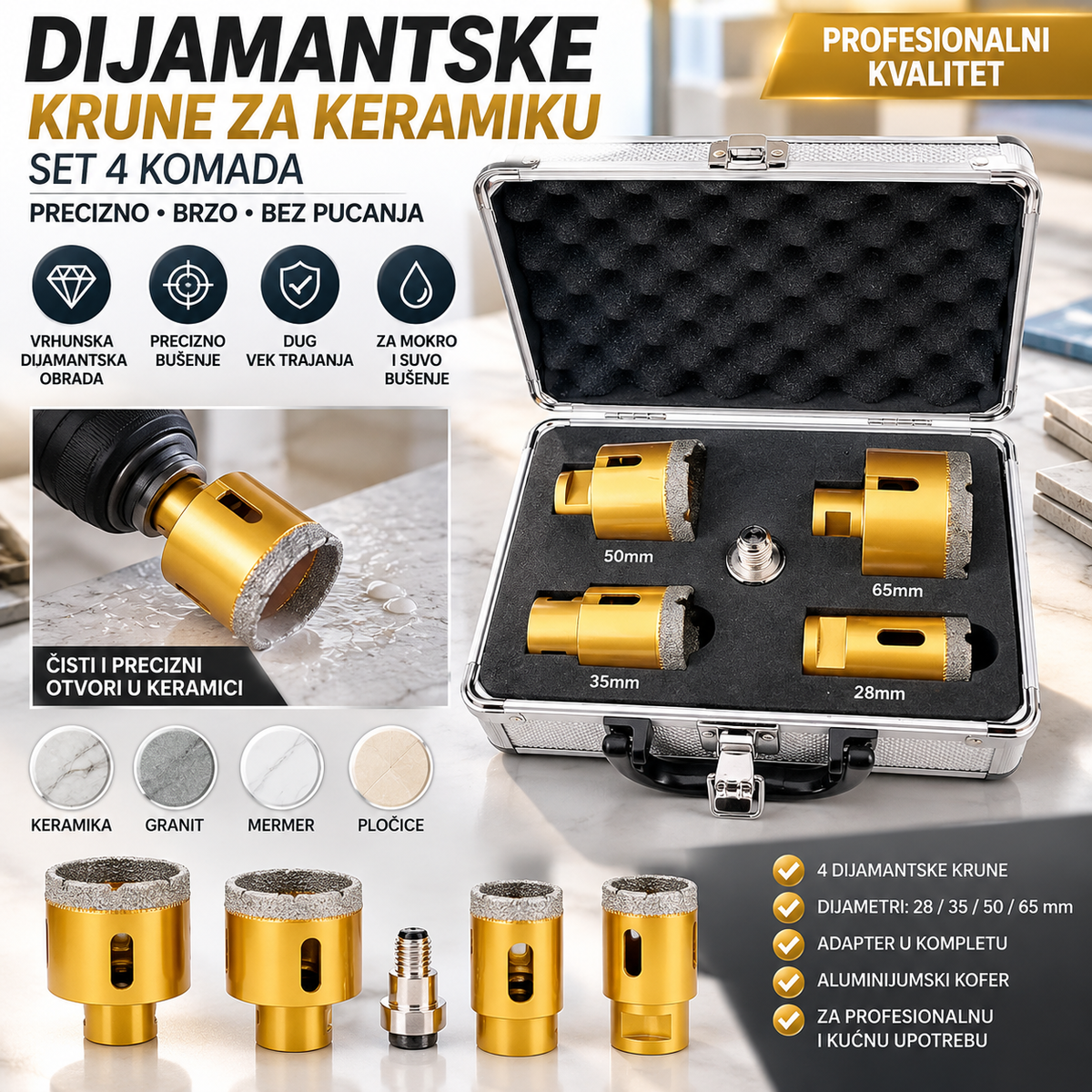 Dijamantske Krune za Keramiku – Set 4 Komada za Bušenje Pločica, Granita, Mermera i Kamena