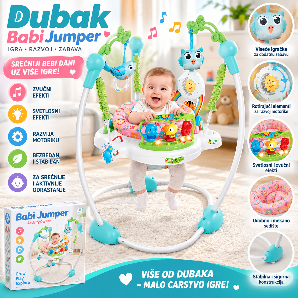 Dubak Babi Jumper sa Svetlosnim i Zvučnim Efektima – Dečija Hodalica za Bebe sa Igračkom