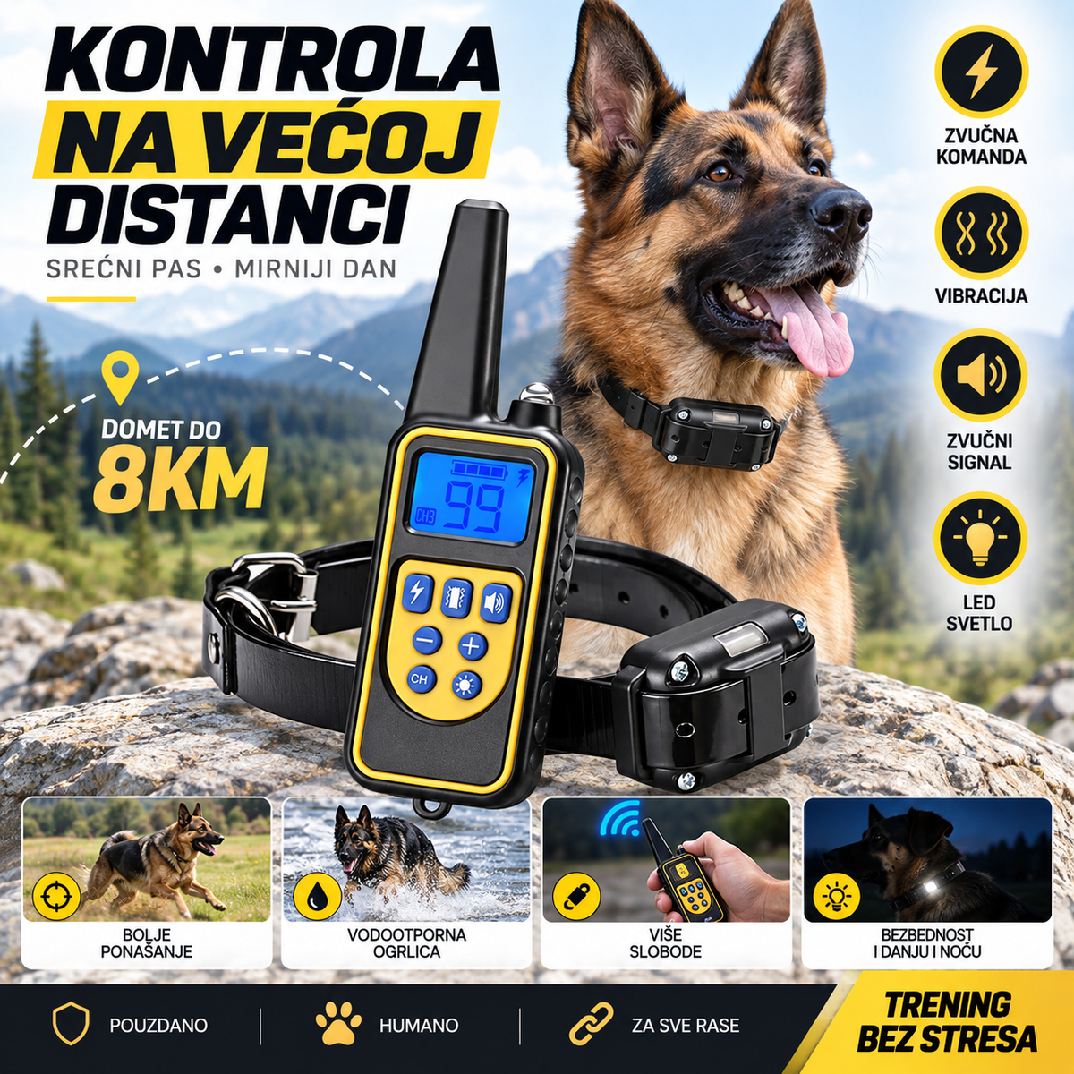 Teletakt Ogrlica za Dresuru Pasa do 8 km – Vodootporna Ogrlica za Trening i Kontrolu Ponašanja Psa