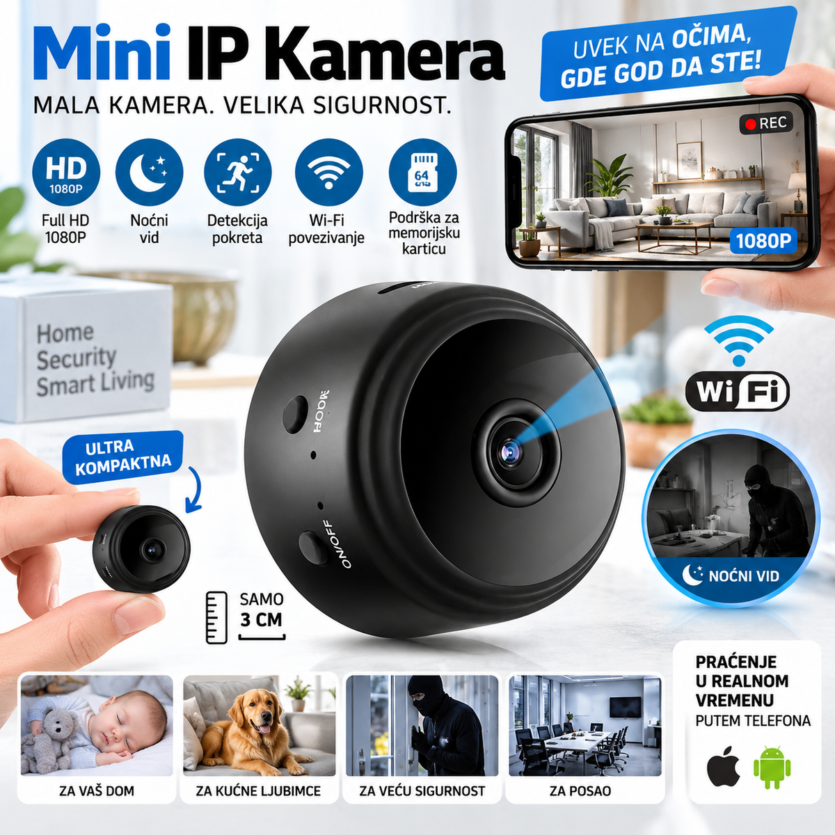 Mini IP WiFi Kamera A9 HD 1080P – Bežična Nadzorna Kamera za Unutrašnji Nadzor
