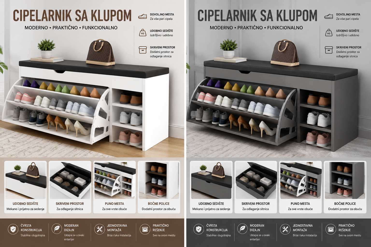 Cipelarnik sa Klupom i Sedištem 100cm – Moderan Ormar za Cipele sa Velikim Kapacitetom i Skrivenim Prostorom