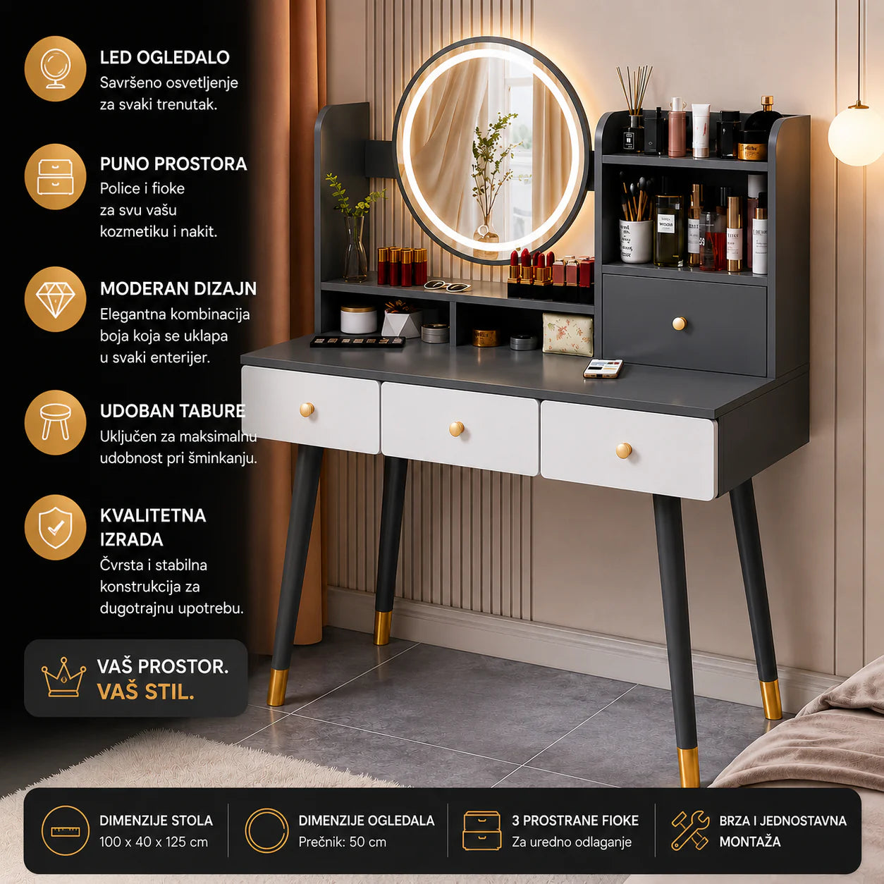 Sto za Šminkanje DIANA sa LED Ogledalom – Elegantan Beauty Kutak za Svaku Spavaću Sobu