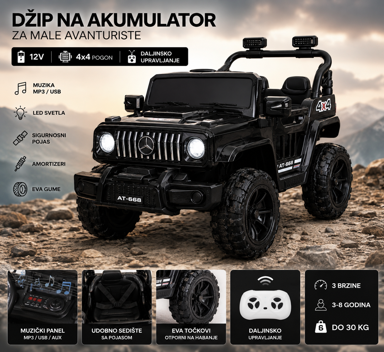 Džip na Akumulator za Decu 12V 4x4 – Električni Terenski Auto sa Daljinskim Upravljanjem