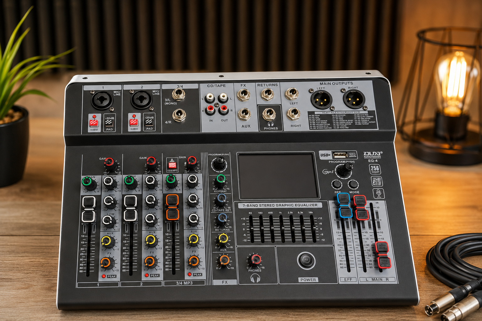 EQ-4 Profesionalna 4-Kanalna Audio Mikseta – Bluetooth, USB/MP3 Plejer, 48V Phantom, 7-Band EQ i DSP Efekti | DJ, Karaoke, Podcast i Studio