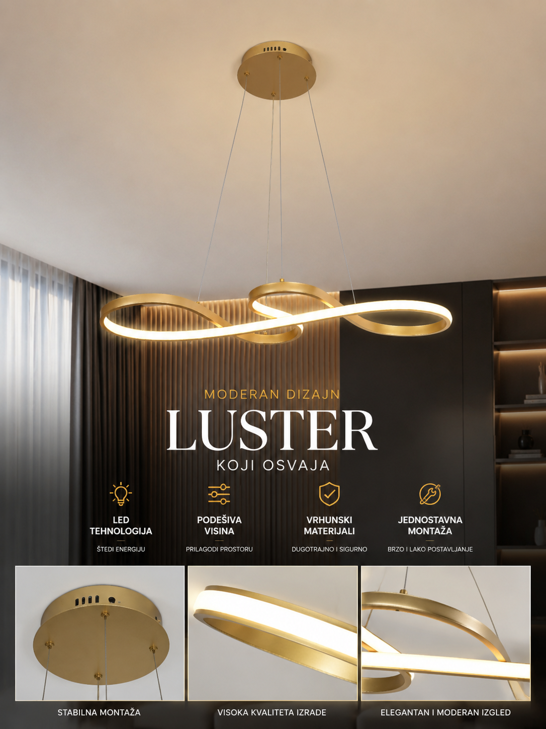 Ekskluzivni Infinity LED Luster – Minimalistička Zlatna Visilica