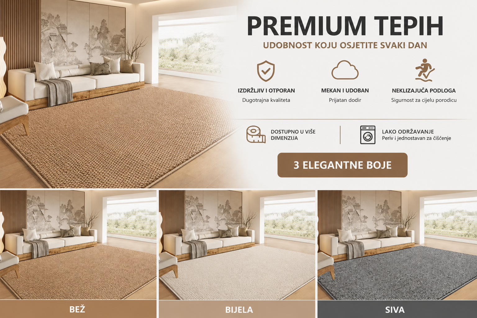 Premium Mekani Tepih 150x200 cm – Moderan Etison za Dnevnu Sobu, Spavaću Sobu i Enterijer | Bež, Bela i Siva Boja
