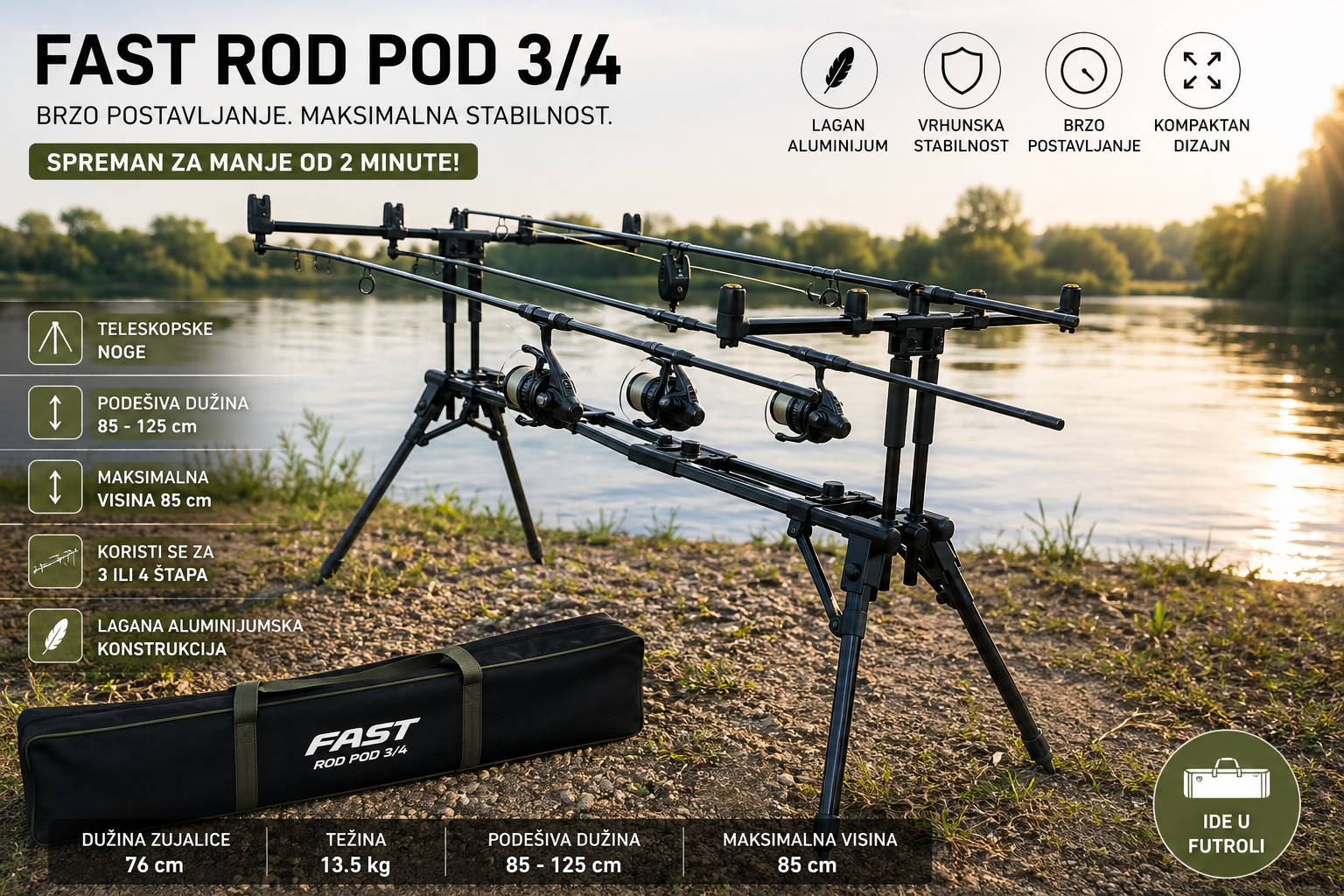 Rod Pod za Ribolov FAST 3/4 – Kompaktan, Stabilan i Lako Sklopiv