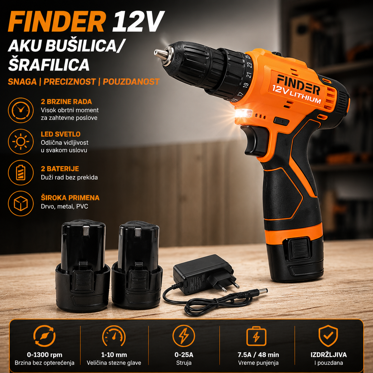 Finder Aku Bušilica/Šrafilica 12V – Kompaktna i Snažna sa 2 Baterije