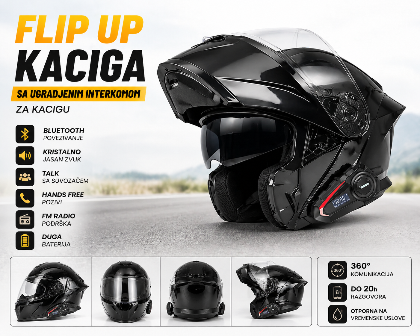 Bluetooth Moto Kaciga Flip Up – Interkom, Jasan Zvuk i Ugrađene Sunčane Naočare