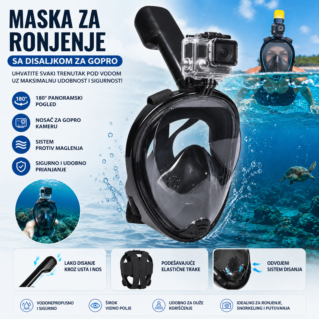 Full Face Maska za Ronjenje sa Disaljkom i GoPro Nosačem – Panoramski Pogled 180° | Anti-Fog Ronilačka Maska