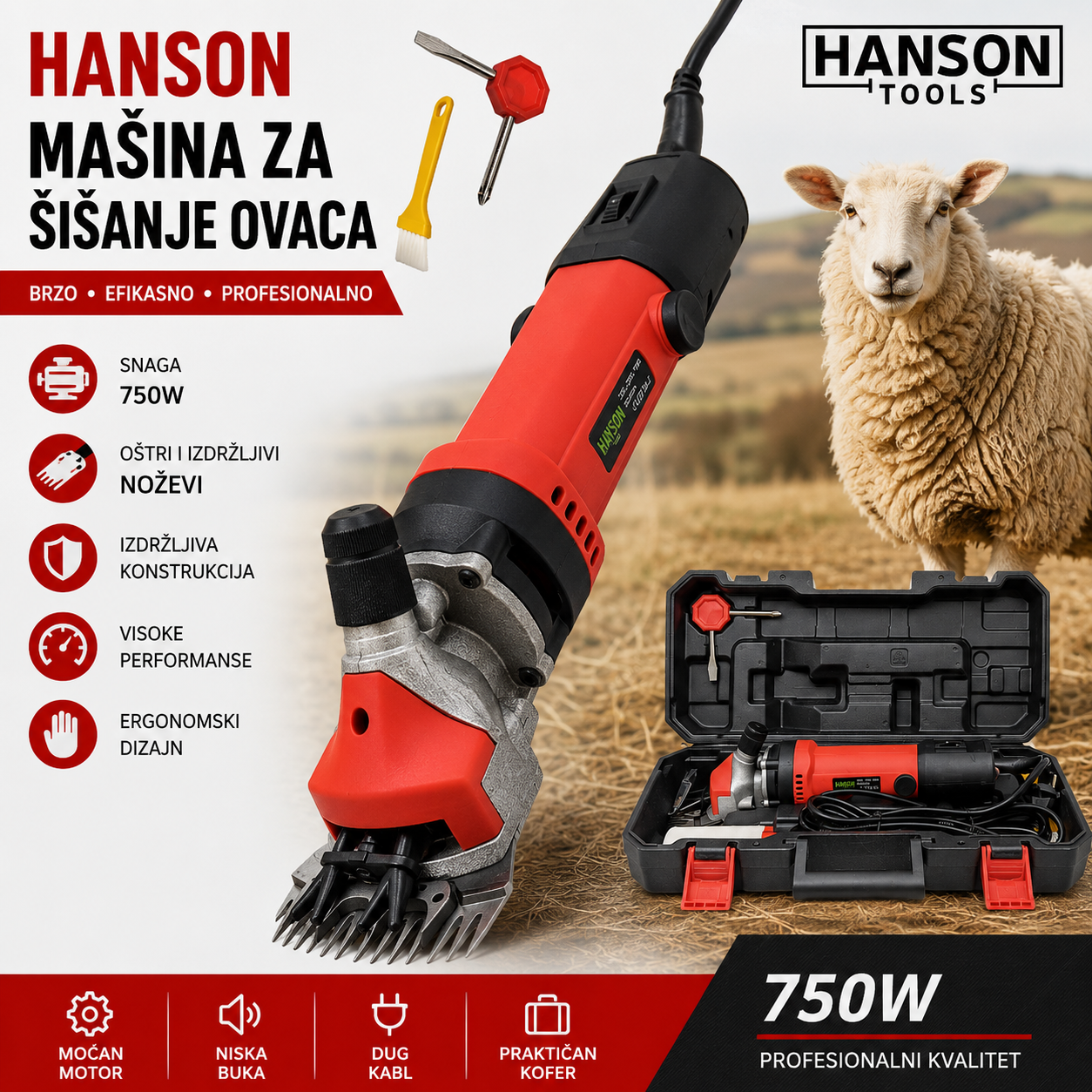 HANSON Mašina za Šišanje Ovaca 750W – Profesionalna Električna Mašina za Šišanje