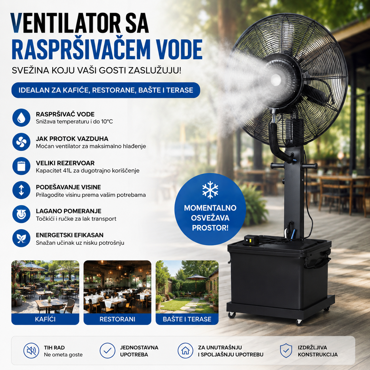 Ventilator sa Vodenom Maglom 41L – Profesionalni Rashladni Ventilator za Kafiće, Restorane, Bašte i Terase