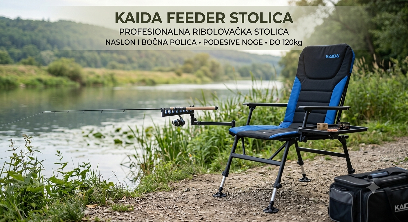 Kaida Feeder Stolica sa Policom i 2 Držača – Profesionalna Sklopiva Ribolovačka Stolica do 120 kg