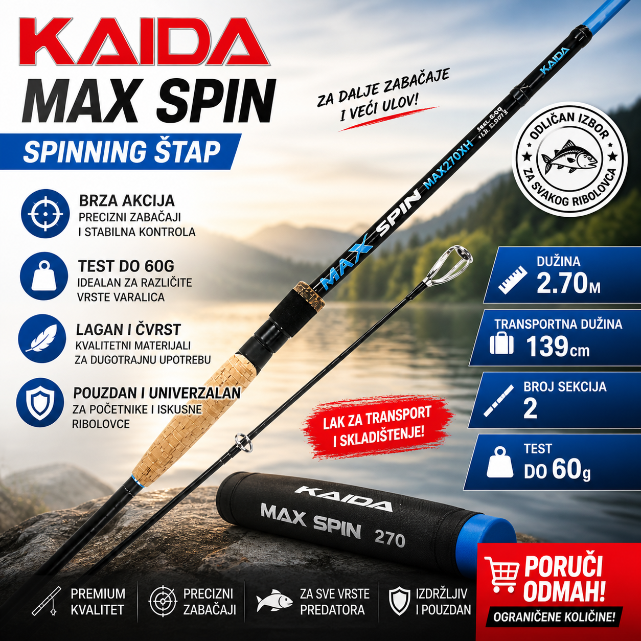 Štap za Pecanje Kaida MAX SPIN 2.70m 60g – Profesionalni Spinning Štap