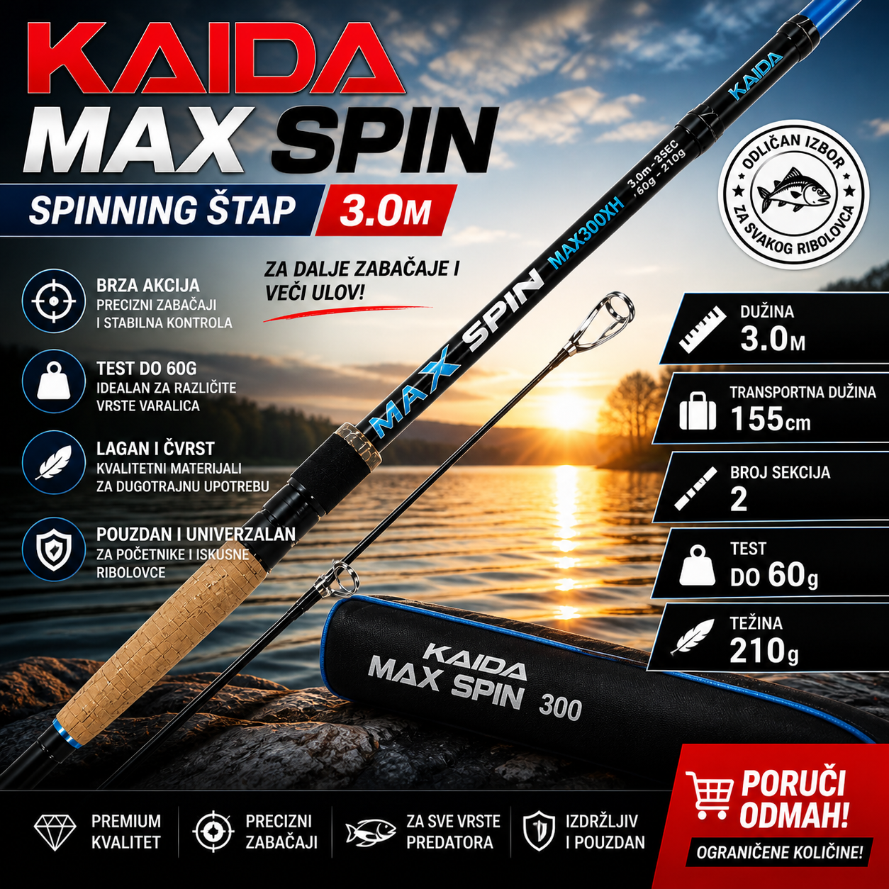Kaida MAX SPIN 3m – Štap za pecanje 60g za Trofejni Ribolov