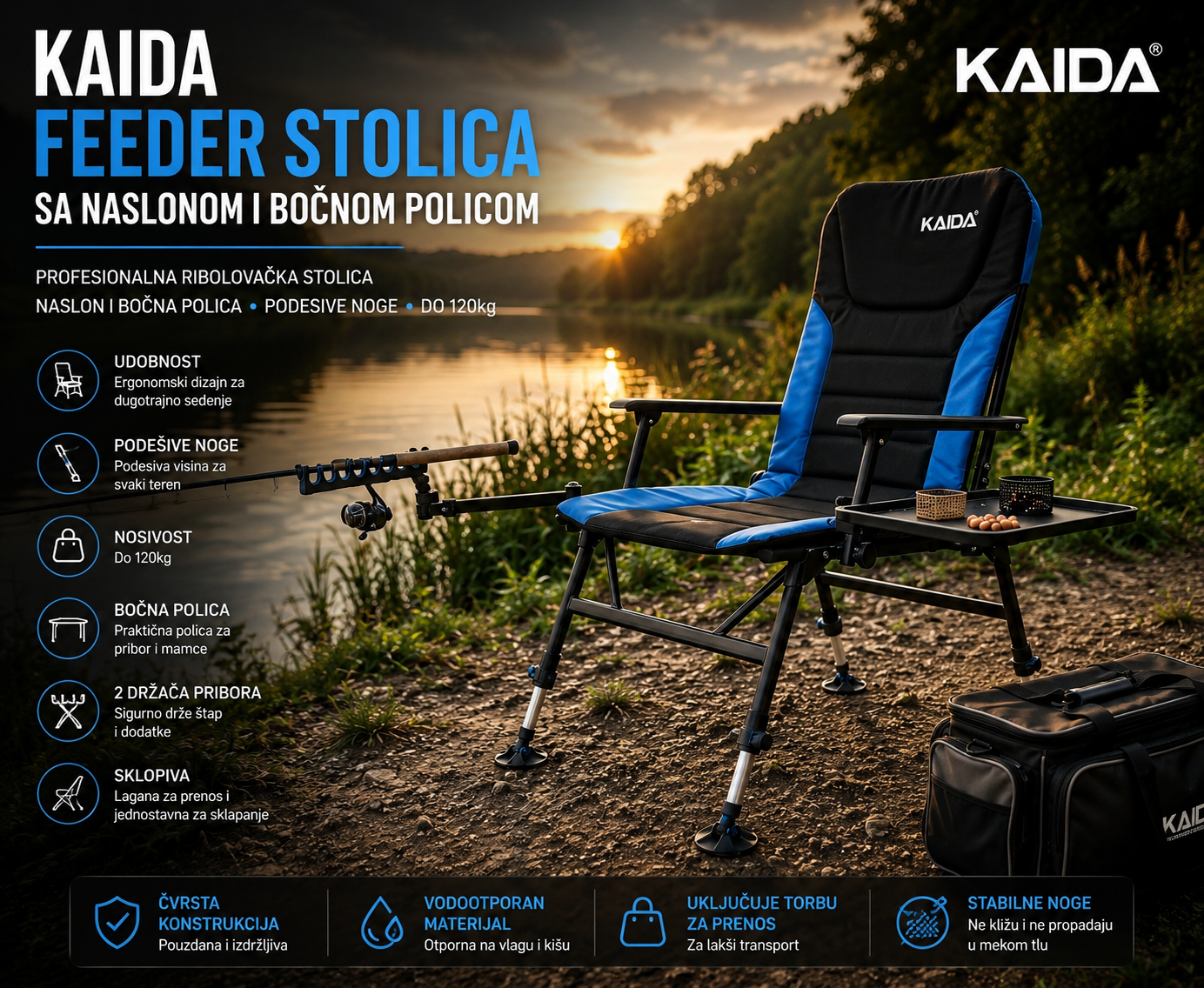 Kaida Feeder Stolica sa Policom i 2 Držača – Profesionalna Sklopiva Ribolovačka Stolica do 120 kg