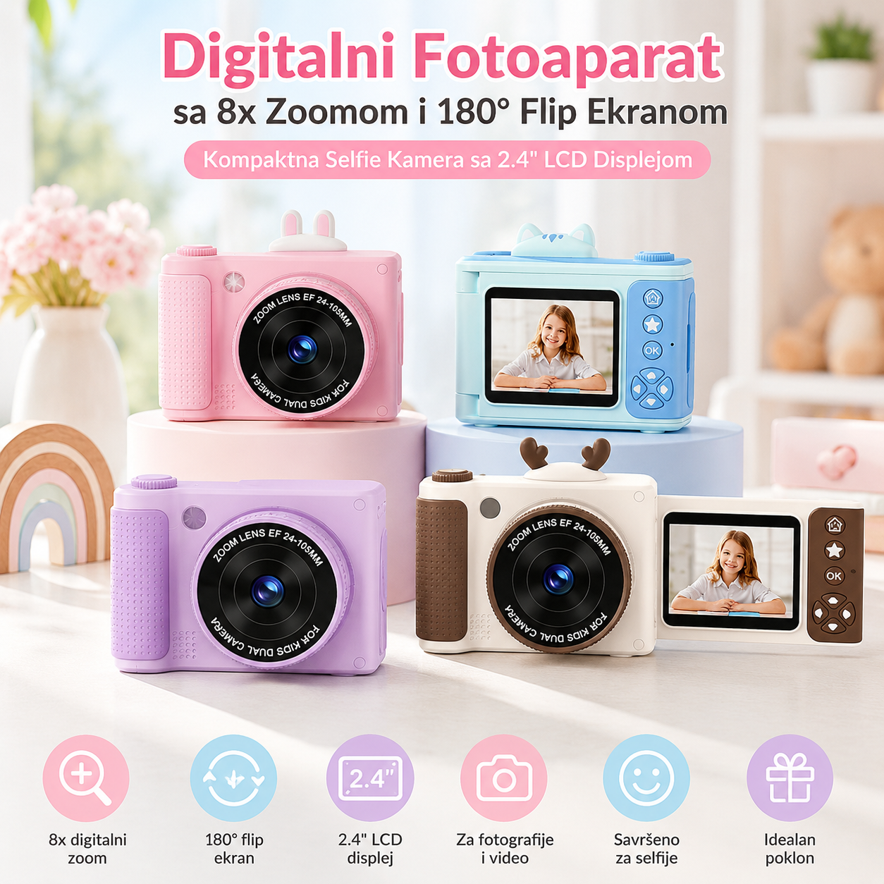 Kompaktna Digitalna Kamera sa 180° Flip Ekranom, 8x Zoomom i HD Snimanjem