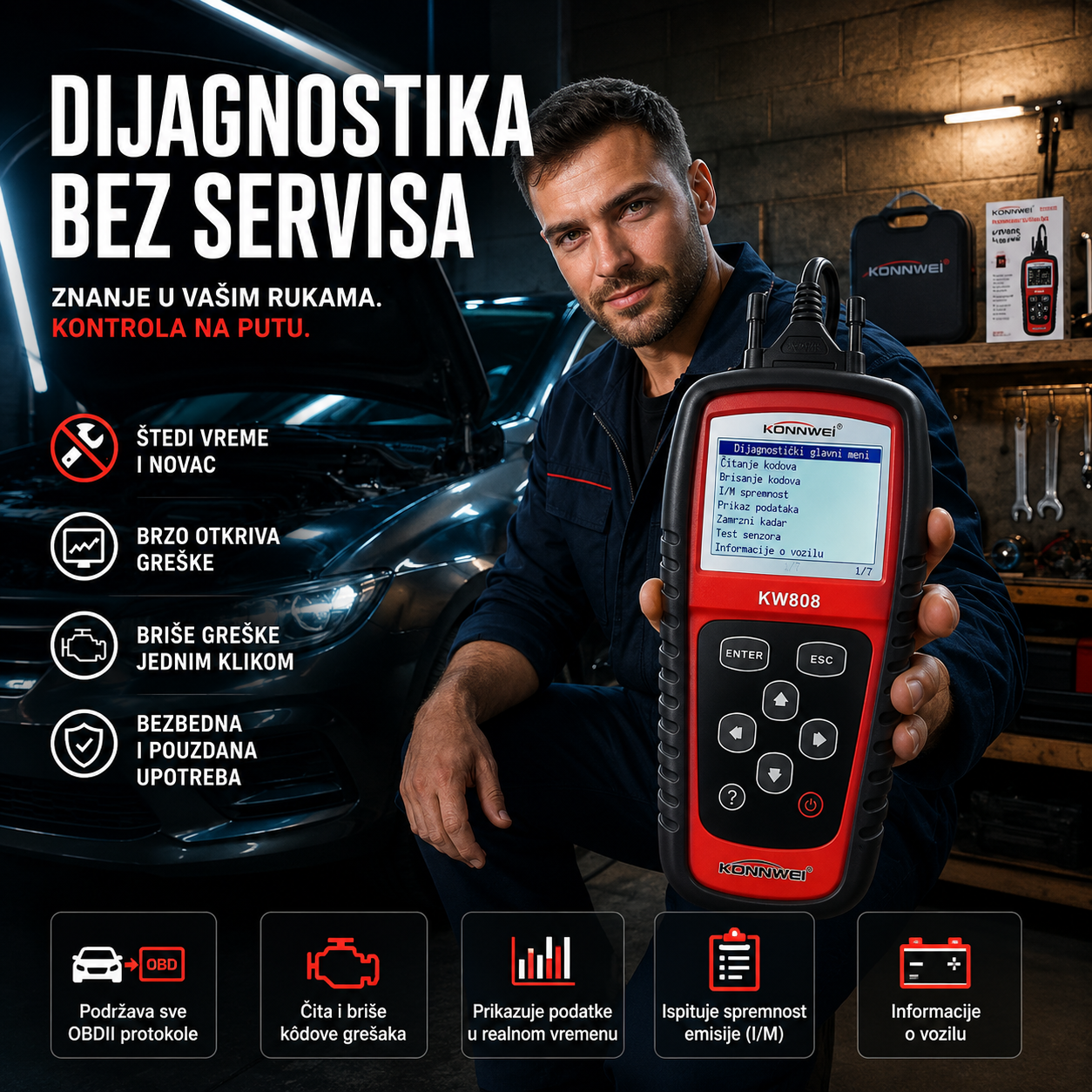 Konnwei KW808 OBD2 Skener – Auto Dijagnostika za Čitanje i Brisanje Kodova Grešaka