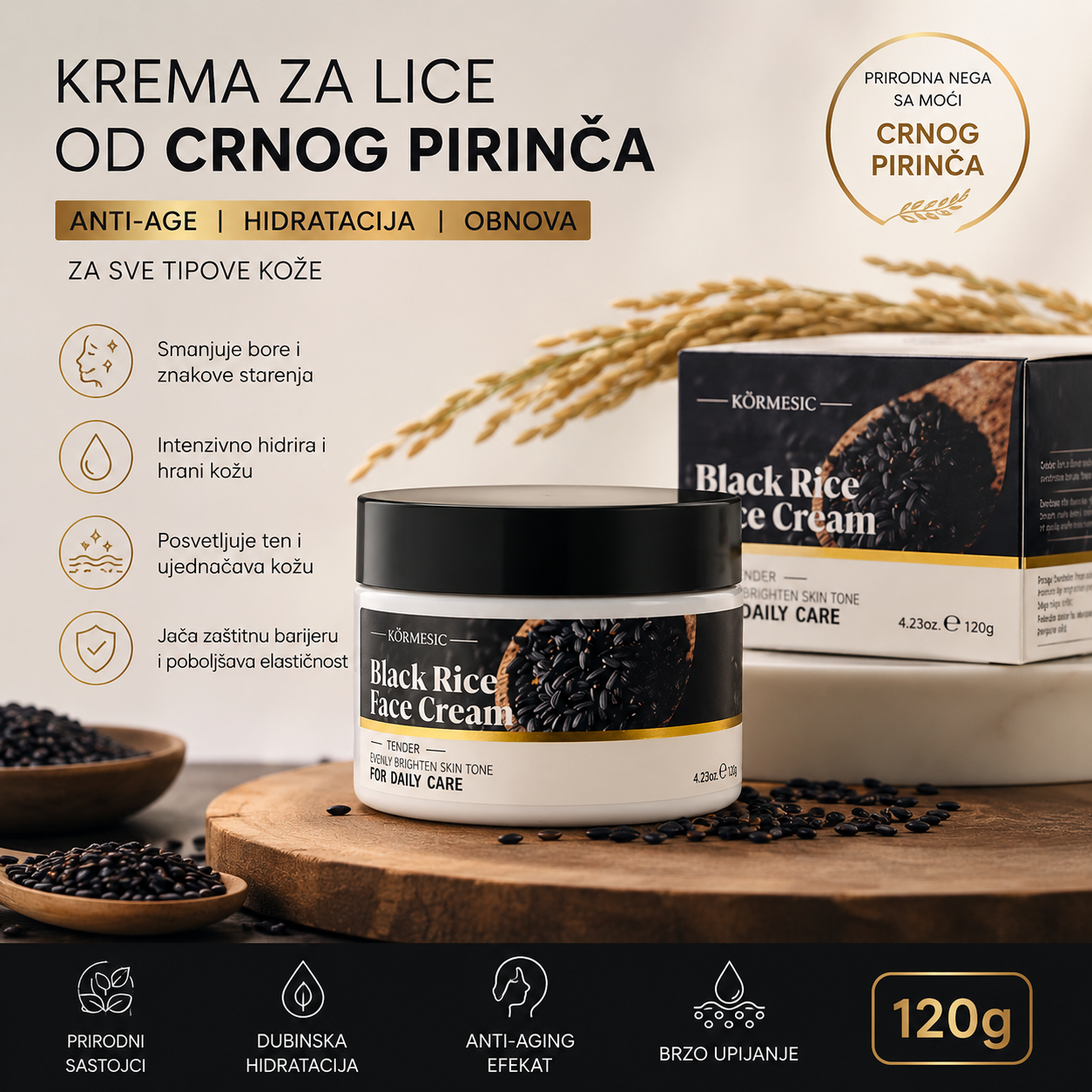 Krema za Lice od Crnog Pirinča 1+1 GRATIS – Anti Age Hidratantna Krema Protiv Bora za Sve Tipove Kože