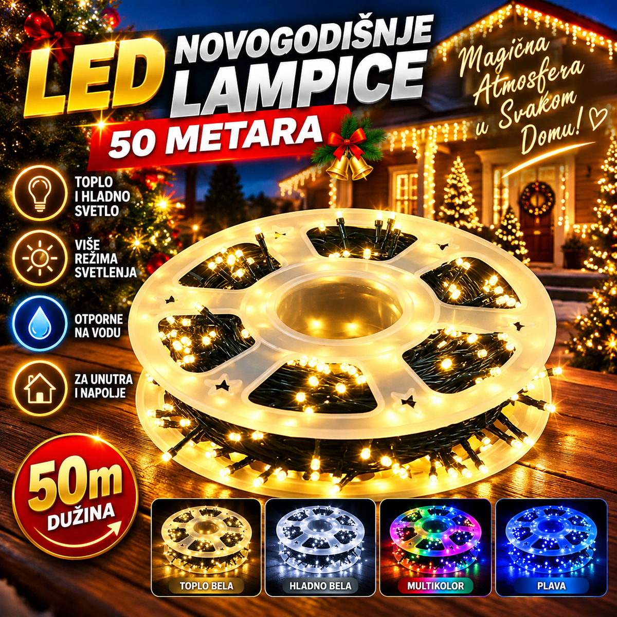 LED Novogodišnje Lampice 50m – Dekorativne Lampice za Jelku, Kuću, Terasu i Baštu