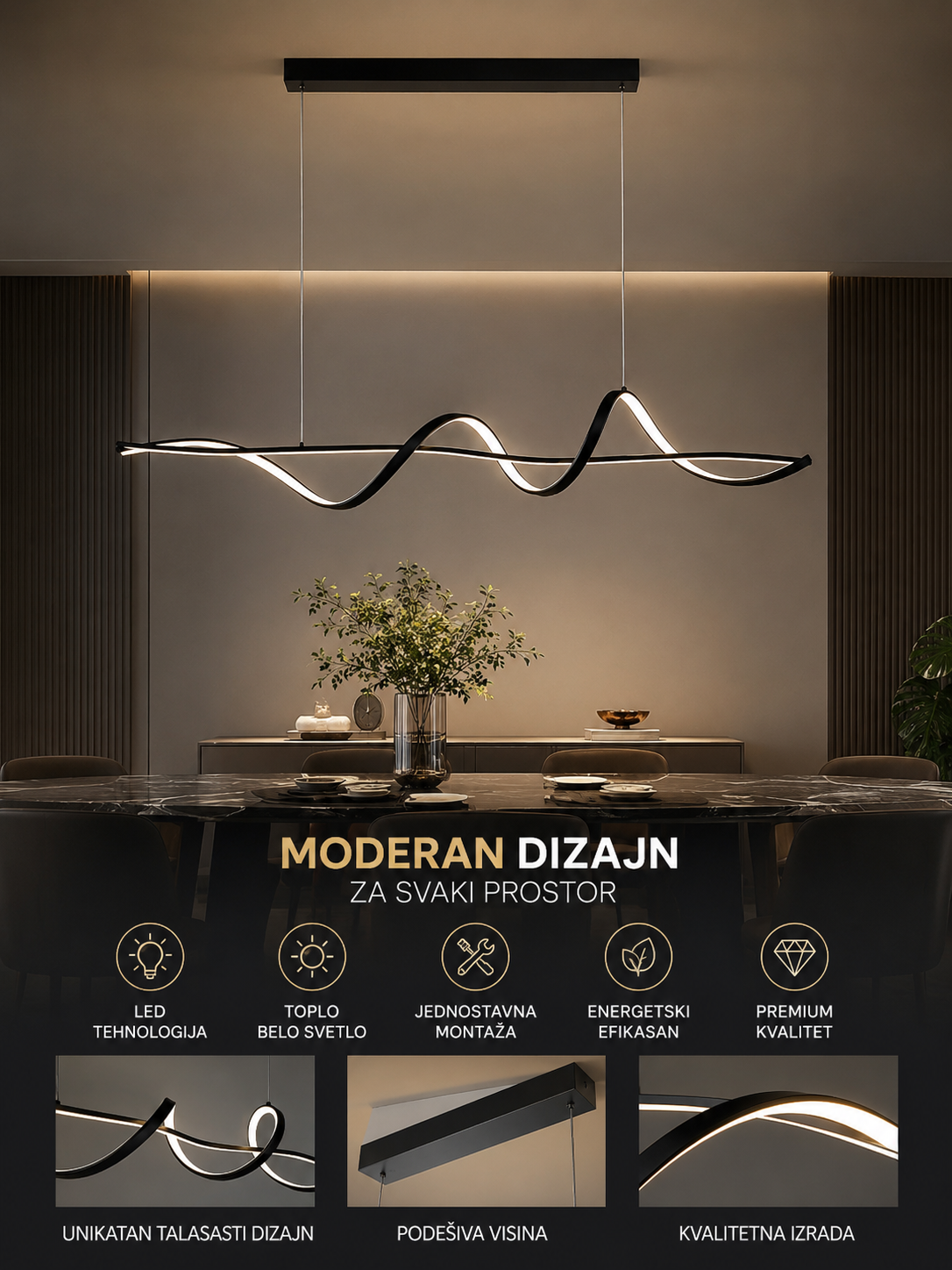 Wave LED Luster – Moderan Viseći Luster sa Talasastim Dizajnom za Dnevnu Sobu i Trpezariju, Premium LED Rasveta za Luksuzan Enterijer