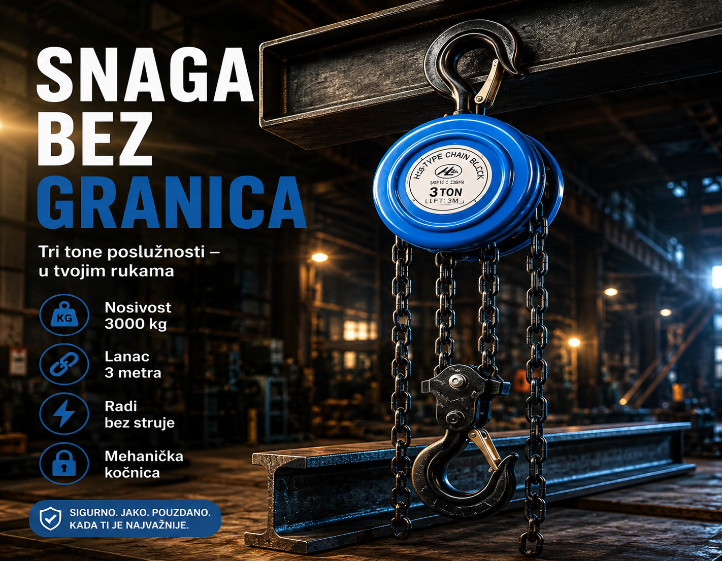 Lančana Dizalica 3T x 3M – Ručna Dizalica Nosivosti 3000 kg sa Lancem 3 Metra za Podizanje Tereta
