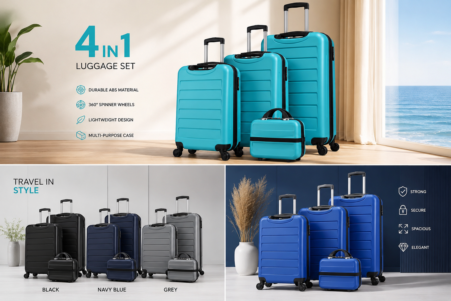 Set Kofera 4u1 ABS – 3 Putna Kofera + Kozmetički Kofer | Tvrda Školjka, 360° Točkići, Putni Set
