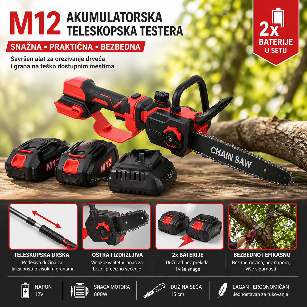 Akumulatorska Teleskopska Testera M12 – Testera za Orezivanje sa 2 Baterije