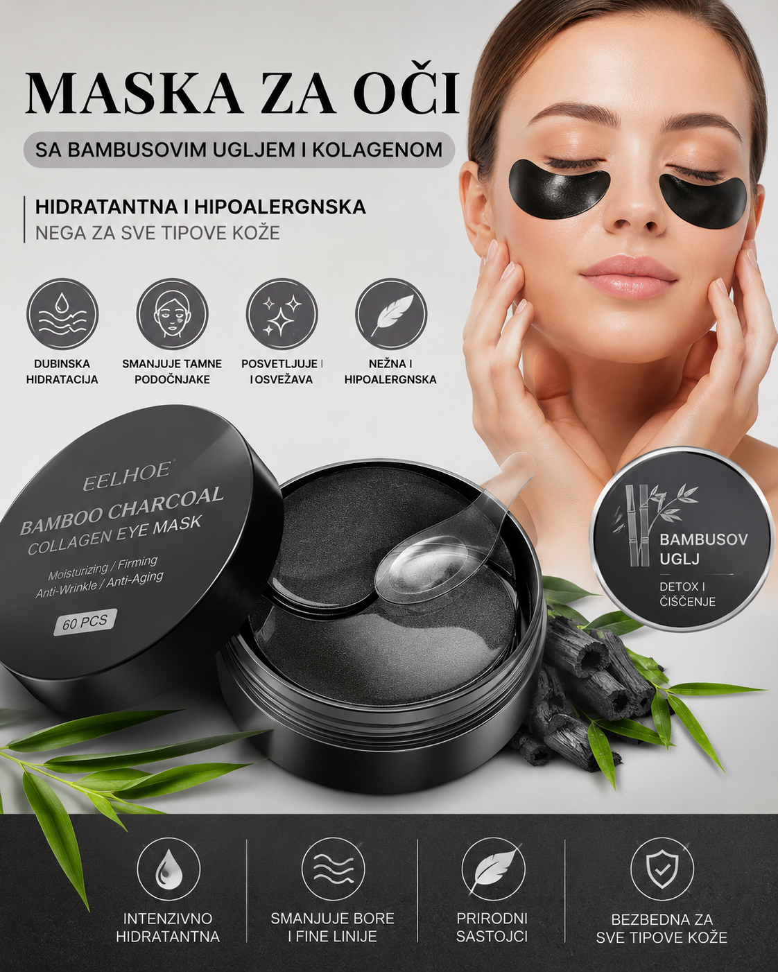 Maska za Područje Oko Očiju – Dubinska Hidratacija i Detoks | Kolagen + Ugalj | 1+1 Gratis