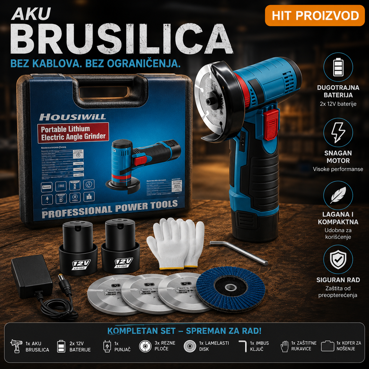 Akumulatorska Mini Brusilica 12V 76mm – Bežična Brusilica sa Dve Baterije za Precizan Rad