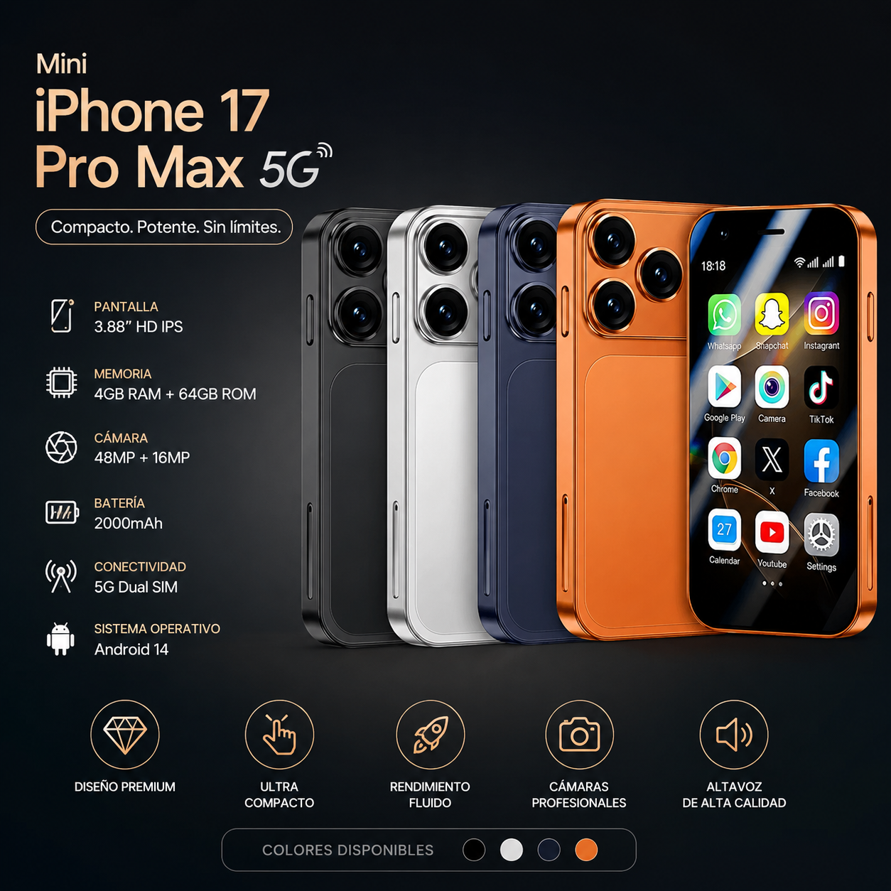  Mini iPhone 17 Pro Max 5G 4/64GB – Ultra Kompaktan Android 14 Smart Telefon sa Dual SIM, HD Kamerom i Premium Dizajnom